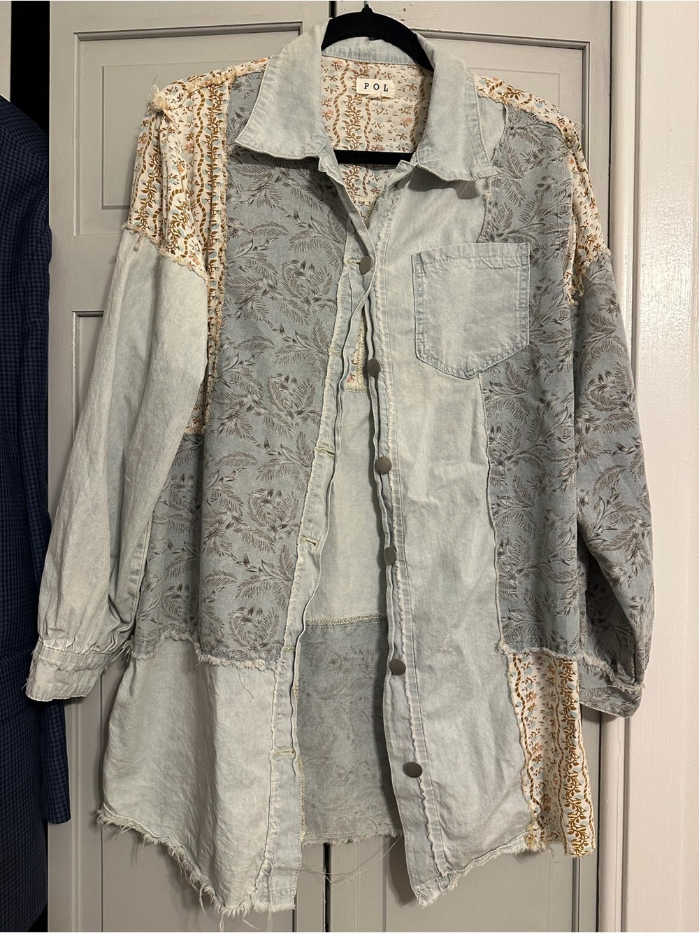 POL Light Blue Patchwork Floral Denim Shirt